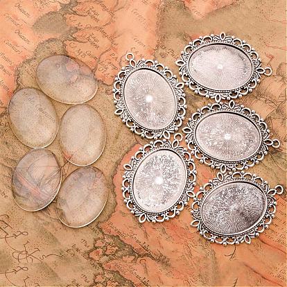 40x30mm Oval Clear Glass Cabochon Cover and Tibetan Style Pendant Cabochon Settings for DIY, Pendant: 61x48mm, Hole: 3mm, Tray: 40x30mm