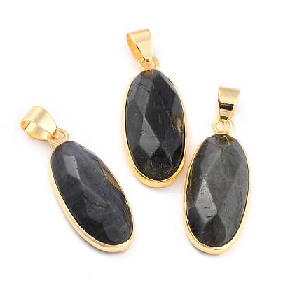 Natural Labradorite Pendants, with Golden Brass Findings, Faceted, Oval