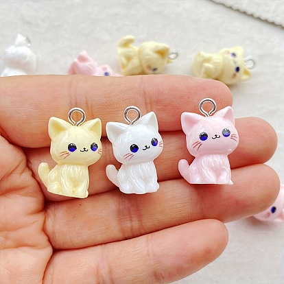 Opaque Resin Pendants, Cat Shape Charm, with Platinum Tone Iron Loops