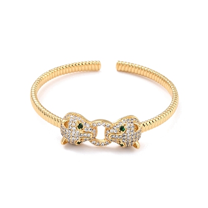 Green Cubic Zirconia Doube Leopard Doorknocker Shape Cuff Bangle, Brass Open Bangle for Women, Lead Free & Cadmium Free