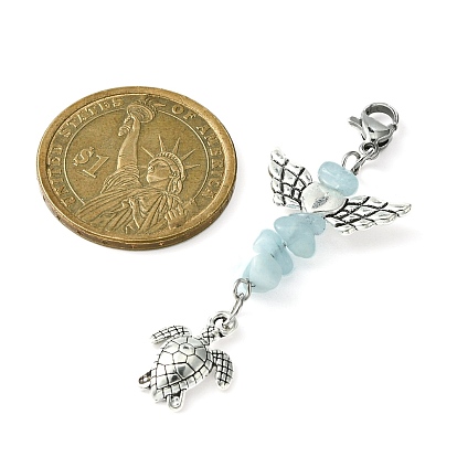 Natural Aquamarine/Rose Quartz Chip Pendant Decorations, with Lobster Claw Clasps and Tibetan Style Zinc Alloy Charms, Mixed Shapes