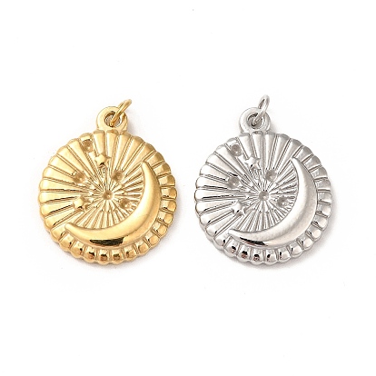 304 Stainless Steel Pendants, with Jump Ring, Flat Round with Moon & Star Pattern