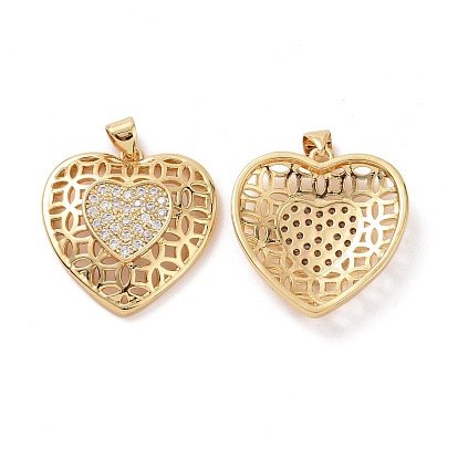 Brass Cubic Zirconia Pendants, Cadmium Free & Lead Free, Hollow Heart Charm