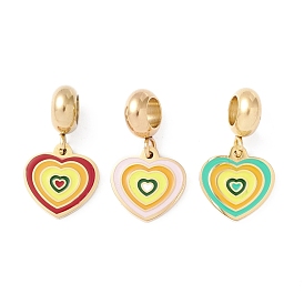 304 Stainless Steel European Dangle Charms, Large Hole Pendants, with Enamel, Heart