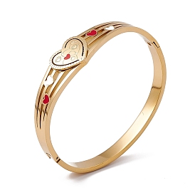 Red Enamel Heart Hinged Bangle, Ion Plating(IP) 304 Stainless Steel Jewelry for Women