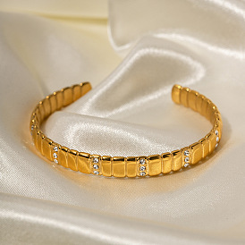 18k Gold Stainless Steel Diamond-Set Bracelet with Bread Pattern - Trendy Fashion Jewelry