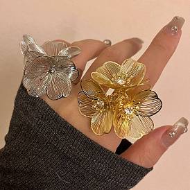 Alloy Rhinestone Cuff Rings for Women, Flower