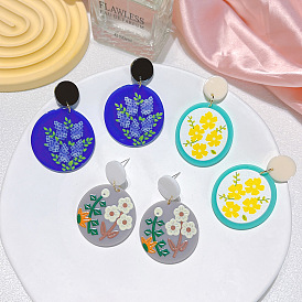 Floral geometric round print acrylic earrings female s925 silver needle cute earrings earrings