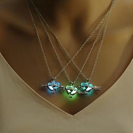 Luminaries Stone Heart with Arrow Cage Pendant Necklace, Glow In The Dark Alloy Jewelry for Valentine's Day