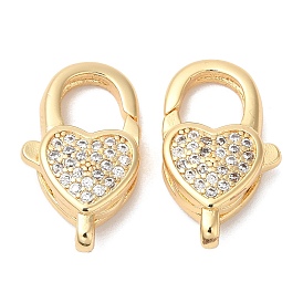 Brass Micro Pave Clear Cubic Zirconia Lobster Claw Clasps, Heart