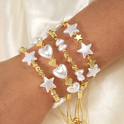 Браслеты-слайдеры из латунной цепочки-змейки ручной работы, Браслеты из искусственного жемчуга и латунных бусин для женщин, сердце, золотые