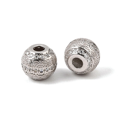 925 Sterling Silver Micro Pave Clear Cubic Zirconia Beads, Rack Plating, Long-Lasting Plated, Round