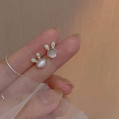 Rabbit Head Alloy Cat Eye Stud Earrings for Women, with Rhinestone and 925 Sterling Silver Pin