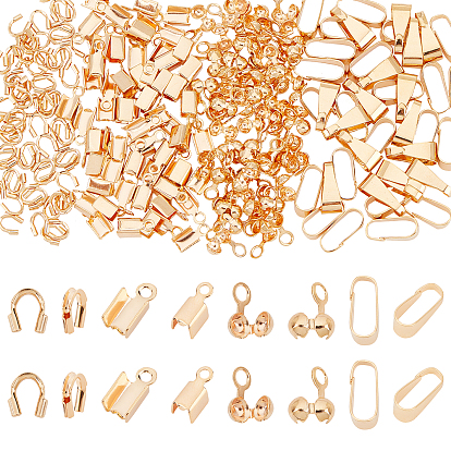 240Pcs 4 Style  Brass Folding Crimp Ends, Brass Wire Guardian and Protectors, Brass Snap on Bails, Brass Bead Tips, Long-Lasting Plated