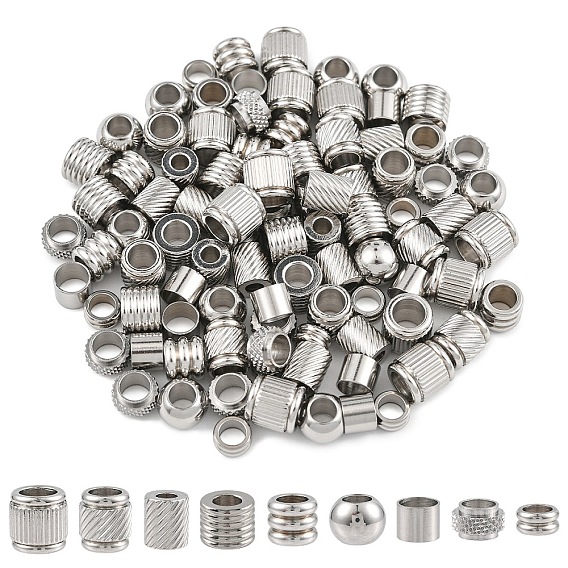 90шт 9 стили нержавеющая сталь европейские бусины, бусины с большим отверстием, column & rondelle