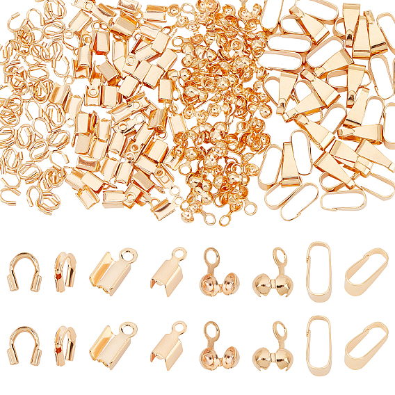240Pcs 4 Style  Brass Folding Crimp Ends, Brass Wire Guardian and Protectors, Brass Snap on Bails, Brass Bead Tips, Long-Lasting Plated