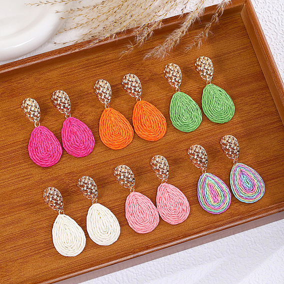 Серьги-гвоздики из рафии и железа в богемном стиле, слеза, золотые