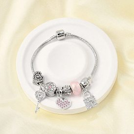 Сплав европейские бусины браслеты с подвесками, браслеты из змеиной цепи для женщин, ключ и сердце и замок, со смолой, стразами и силиконовыми бусинами, без свинца и без кадмия