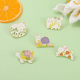 Adorable Cartoon Animal Pins Set for Students - Cat, Snail, Flowers Minimalist Badge Collection