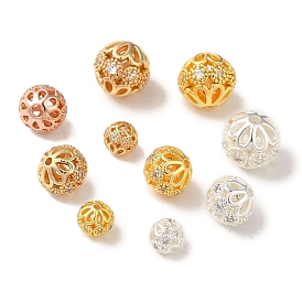 Rack Plating Brass Pave Clear Cubic Zirconia Beads, Long-Lasting Plated, Cadmium Free & Lead Free, Round