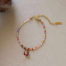 Pulseras de cuentas de circonita cúbica con dije de pollito de latón esmaltado para mujer, dorado