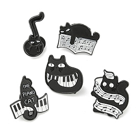 Music Theme Cartoon Black Cat Enamel Pins, Black Alloy Badge for Women Men