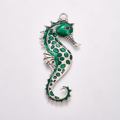 Большие сплавочные подвески, с эмалью, морской конек, античное серебро, 67x30x5 мм, отверстие : 4 мм