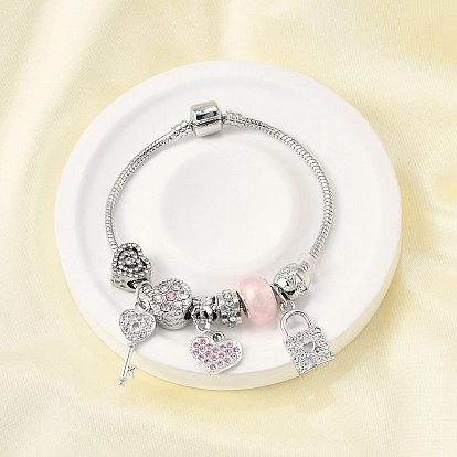 Сплав европейские бусины браслеты с подвесками, браслеты из змеиной цепи для женщин, ключ и сердце и замок, со смолой, стразами и силиконовыми бусинами, без свинца и без кадмия