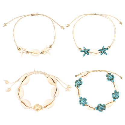 4шт. 4 браслеты из натуральных ракушек и синтетической бирюзы, плетеные из бусин