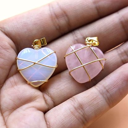 Valentine's Day Gemstone Copper Wire Wrapped Pendants, Heart Charms with Snap on Bails, Golden