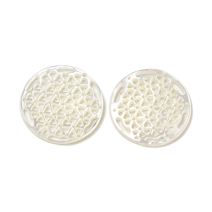 Natural White Shell Hollow Pendants, Flat Round Charms