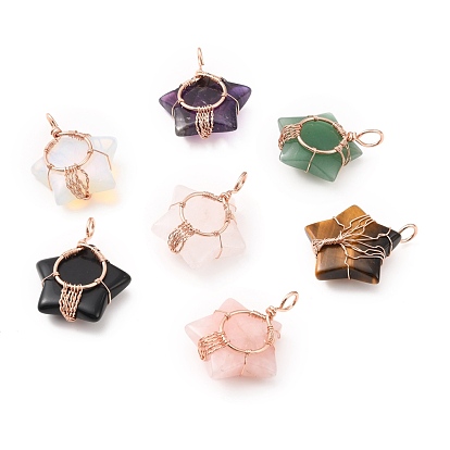 Pendentifs en pierres fines, avec fil de cuivre écologique enveloppé, sans cadmium et sans plomb, étoiles
