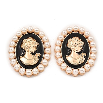 Zinc Alloy Enamel Cabochons, with Plastic Imitation Pearls, Oval with Woman, Light Gold