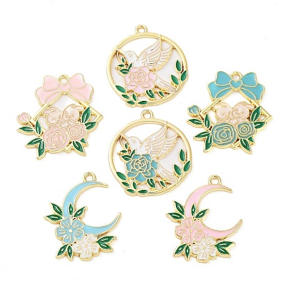 Стойки обшивки сплава эмали подвески, золотые, луна/кольцо/ромб с подвеской-цветком