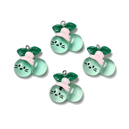 Transparent Resin Pendants, with Platinum Tone Iron Loops, Imitation Fruit, Cherry with Face