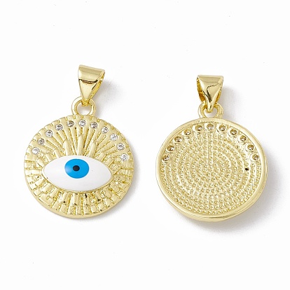 Rack Plating Brass Micro Pave Clear Cubic Zirconia Pendants, with Enamel, Long-Lasting Plated, Cadmium Free & Lead Free, Flat Round with Evil Eye