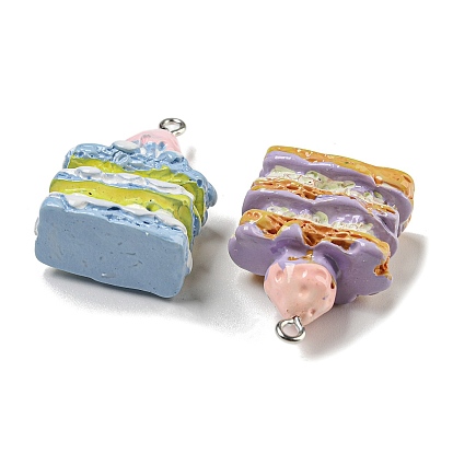 Imitation Food Resin Pendants, Strawberry Cake Charms with Platinum Plated Iron Loops