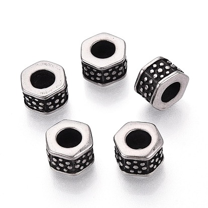 304 бусины европейского стиля из нержавеющей стали с крупными отверстиями, шестиугольник