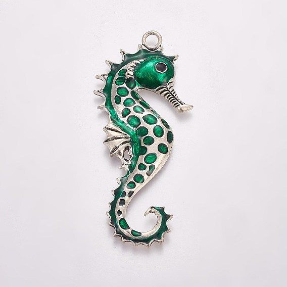 Большие сплавочные подвески, с эмалью, морской конек, античное серебро, 67x30x5 мм, отверстие : 4 мм