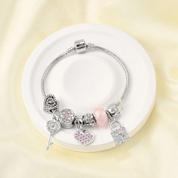 Сплав европейские бусины браслеты с подвесками, браслеты из змеиной цепи для женщин, ключ и сердце и замок, со смолой, стразами и силиконовыми бусинами, без свинца и без кадмия