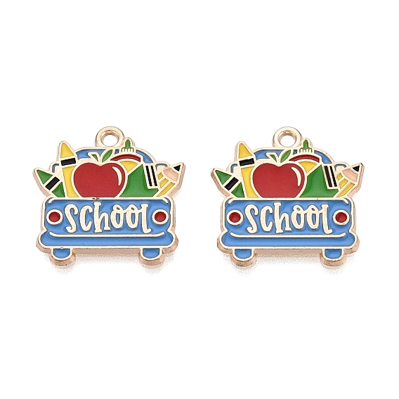 Back to School Alloy Enamel Pendants, Pencil & Apple & Book & Crayon Charms, Light Gold