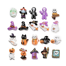 Cabochons décodés en résine opaque d'Halloween, squelette/fantôme/chat/momie/crâne/citrouille/chapeau/sorcière