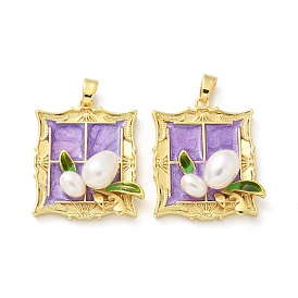 Brass Enamel Pendants, with Natural Cultured Freshwater Pearl, Rectangle Charm, Real 18K Gold Plated