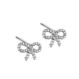 Rhodium Plated Rope Bowknot 999 Sterling Silver Stud Earrings for Women, with 999 Stamp