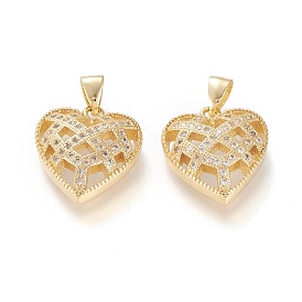 Brass Micro Pave Clear Cubic Zirconia Pendants, with Snap on Bail, Long-Lasting Plated, Heart, Clear
