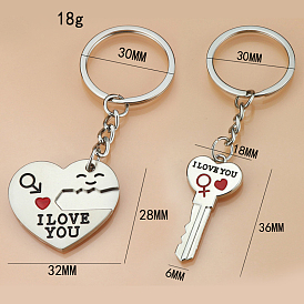 Alloy Couples Keychains, Heart Lock and Key, for Valentine's Day