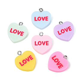 Непрозрачные подвески смолы, сердечки и слова любовные амулеты, с платиново-железными петлями