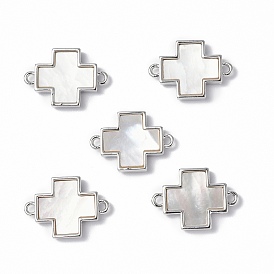 Brass Connector Charms, with Freshwater Shell, Nickel Free, Religion Cross Links