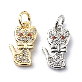 Brass Micro Pave Cubic Zirconia Charms, with Jump Ring, Cat with Bow Charms