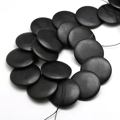 Natural Flat Round Black Stone Beads Strands, 30x5mm, Hole: 1mm, about 17pcs/strands, 15